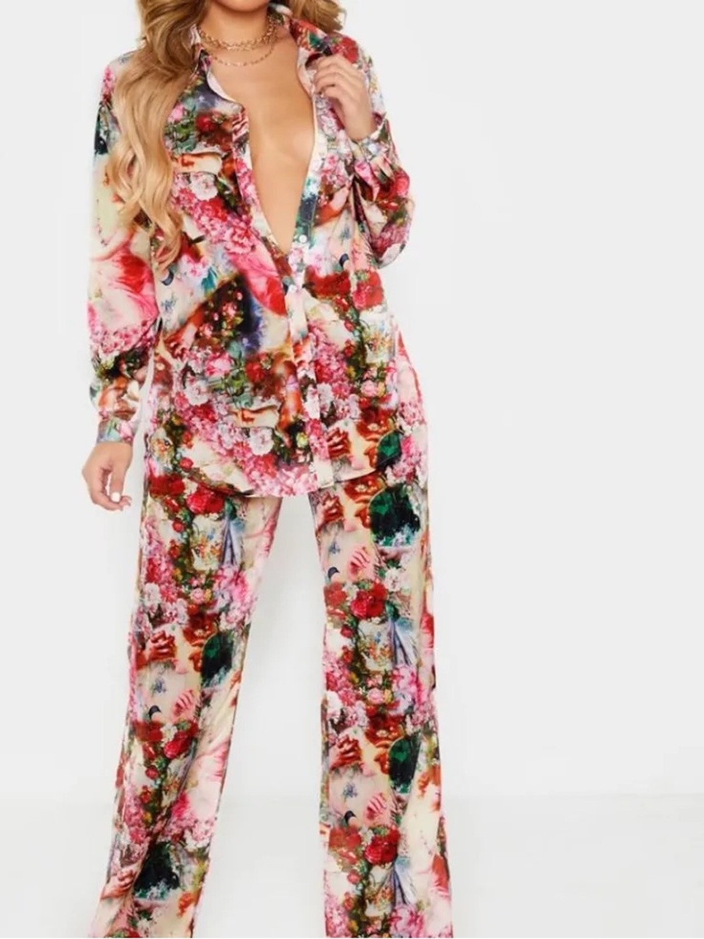 PrettyLittleThing Multicolor Floral Satin Wide-Leg Jumpsuit Set
